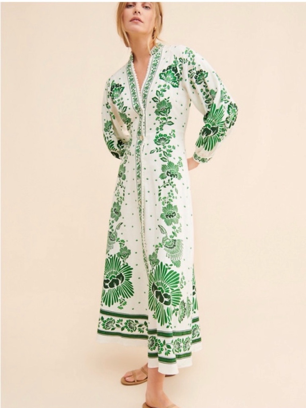 FARM Rio Cream Maxi Dress with Green Floral Motif